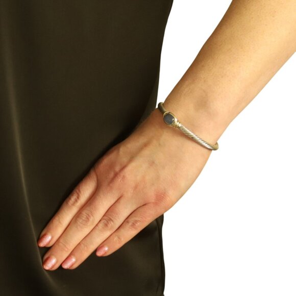 David Yurman Cable Chalcedony Station Cuff Bracelet 6 3/4" Sterling 925 Gold 14k - Picture 2 of 6